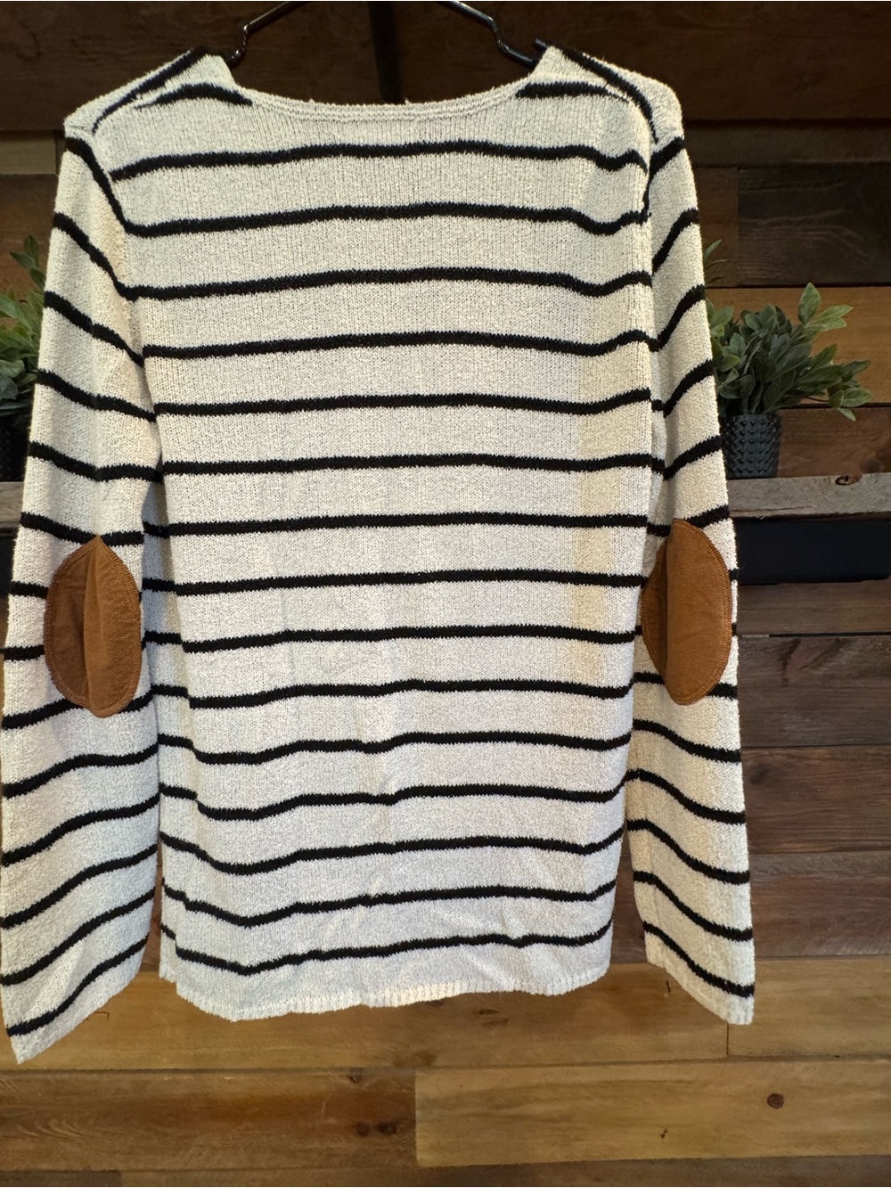 Cream and Black Striped Crewneck Sweater with Tan Elbow Patches - Women